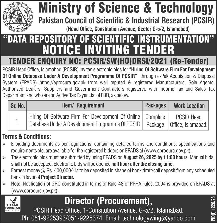 Ministry of Science & Technology Pakistan Council of Scientific & Industrial Research Islamabad Tender Notice